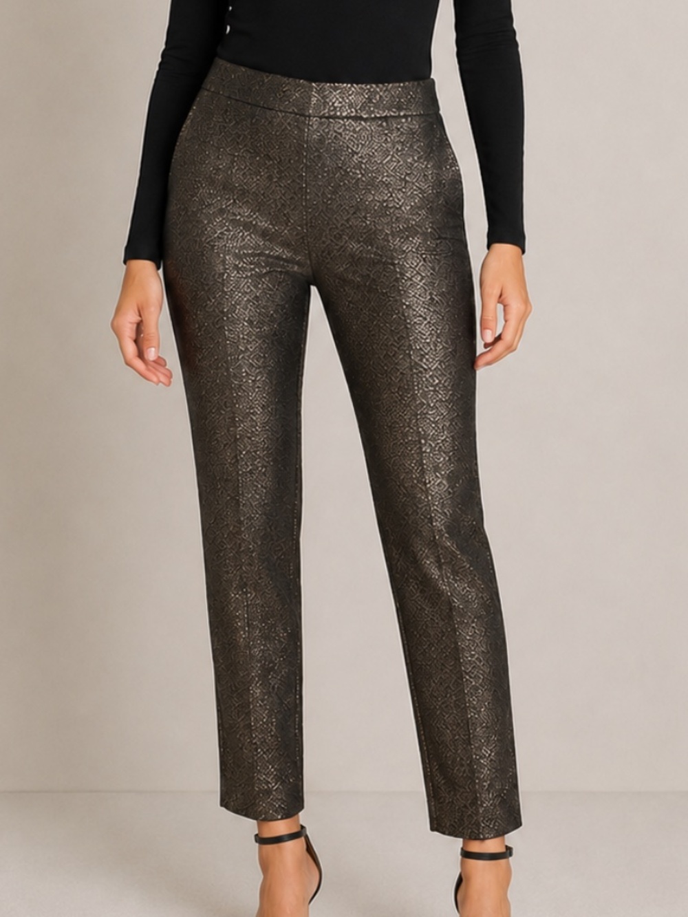 NWT Anne Klein Gold Metallic Snake Jaquard Slim Leg Pants - SZ10